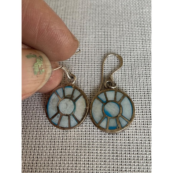 Vintage 925 Sterling Silver Gemstone inlay round circle dangle earrings Estate - Picture 2 of 5